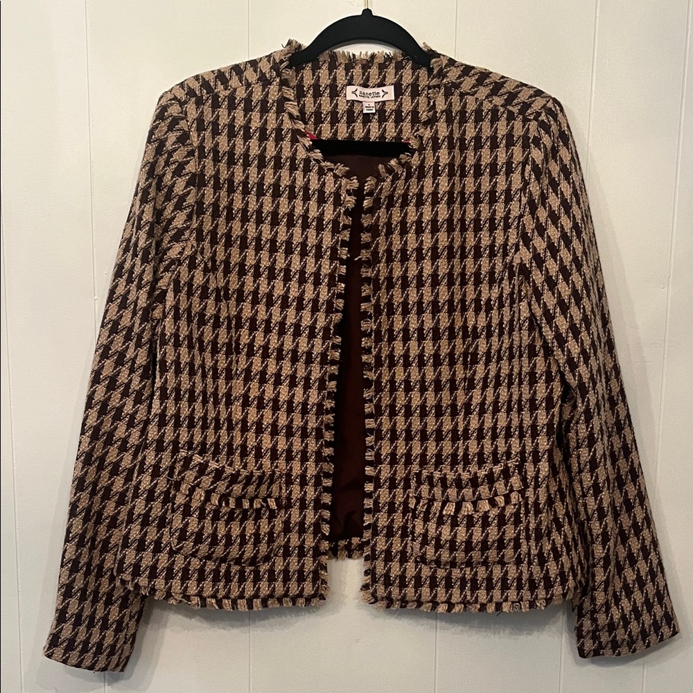 Nanette Lepore Brown and Cream Houndstooth Collarless Blazer
